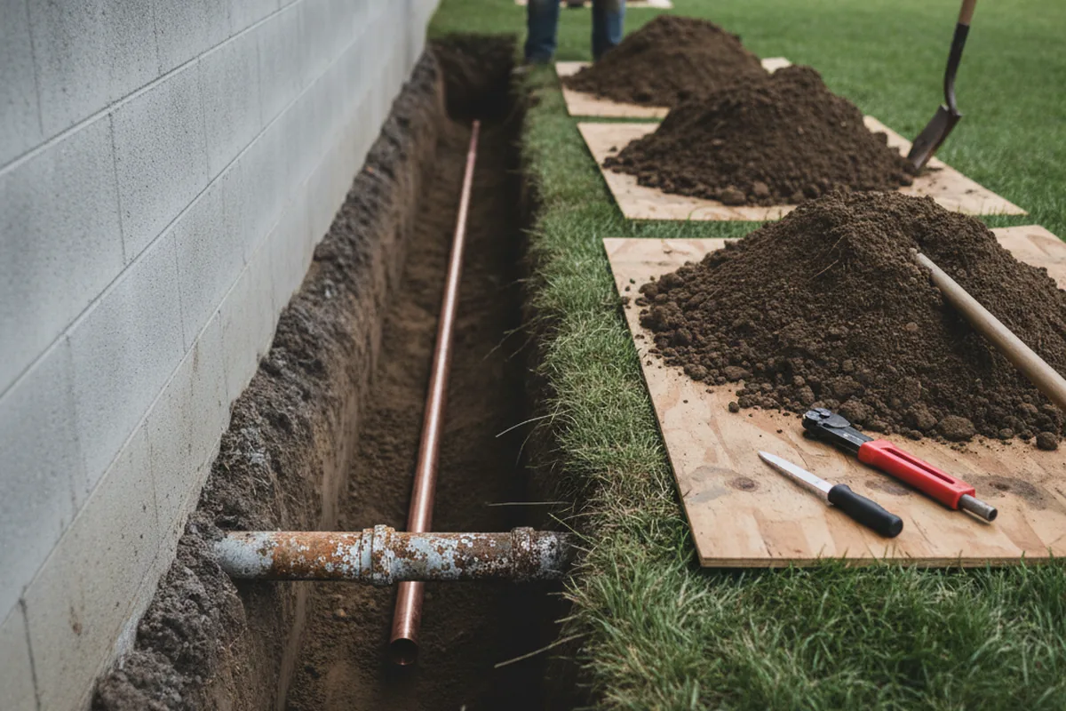 Excavated water line trench during Water Softener Installation in San Dimas